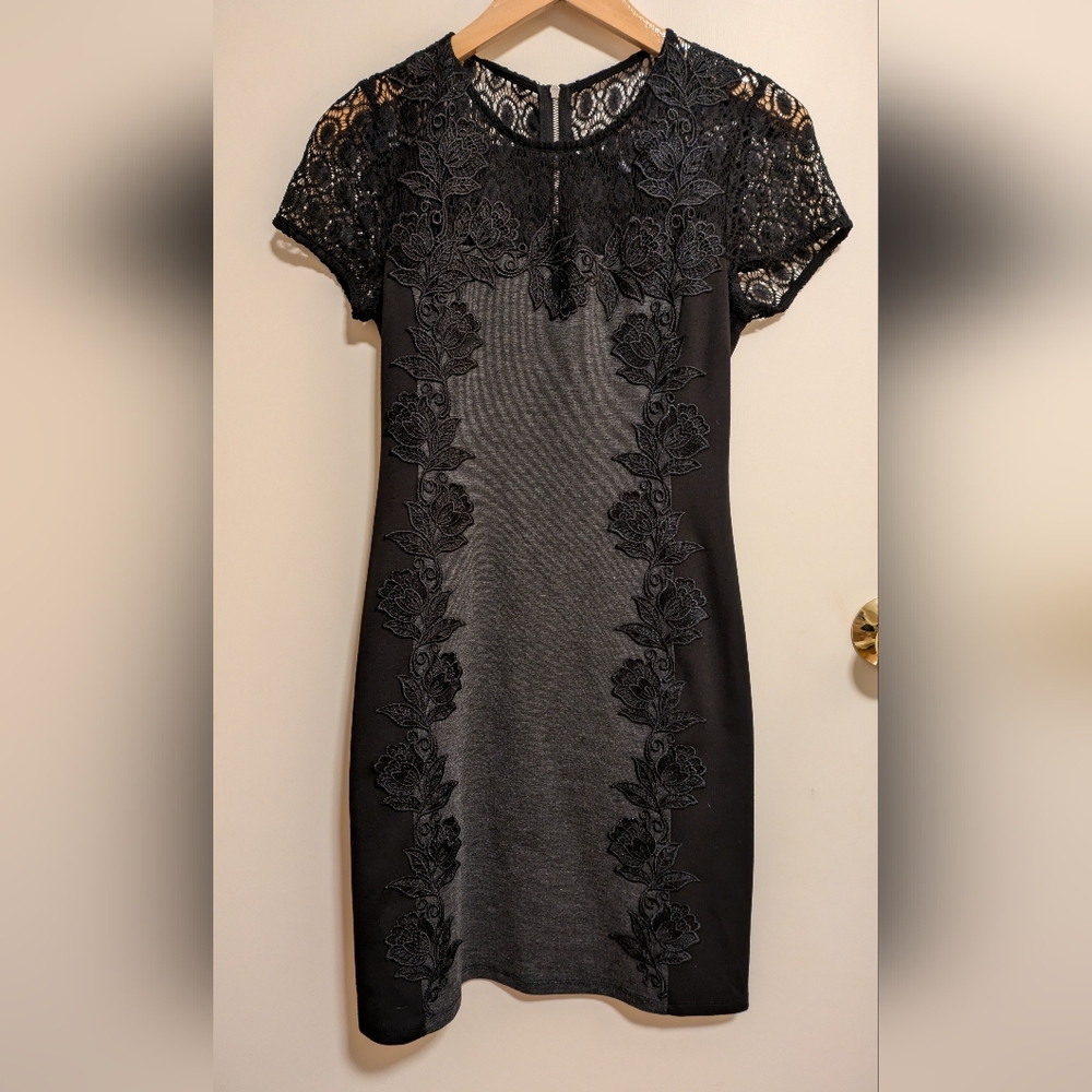 Black Lace Exposed Back Zipper Mini Sheath Dress - Small, EUC